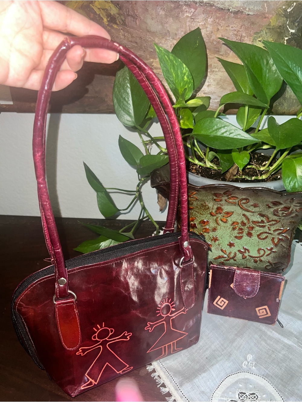 Handcrafted Maroon Leather Tote with Playful Stick Figure Design and wallet